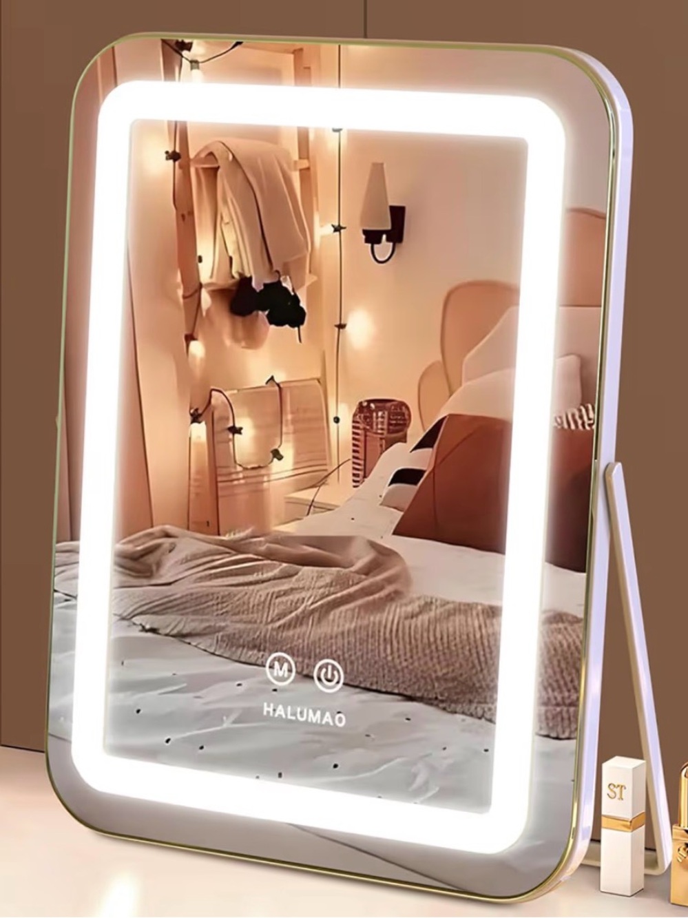 Halumao Lighted Vanity Mirror in White with Gold Trim